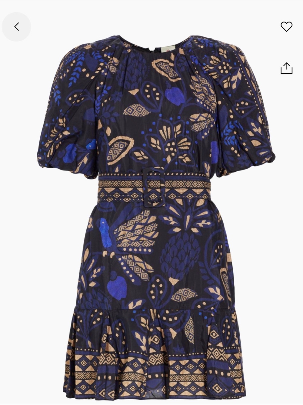FARM Rio Navy Blue and Tan Floral Belted Puff-Sleeve Mini Dress